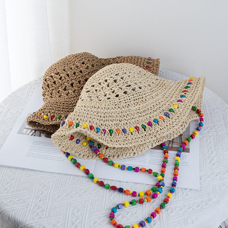 Wholesale Colorful wooden bead straw foldable beach sun protection bucket hat